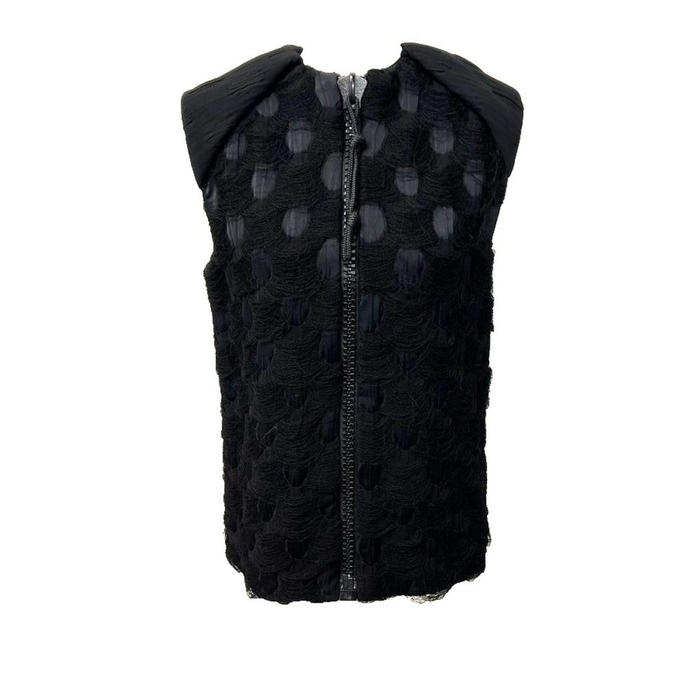 Celine Vest Full Zip Womens 8 42 Black Polka Dot Fringe Blouse Mulberry Silk